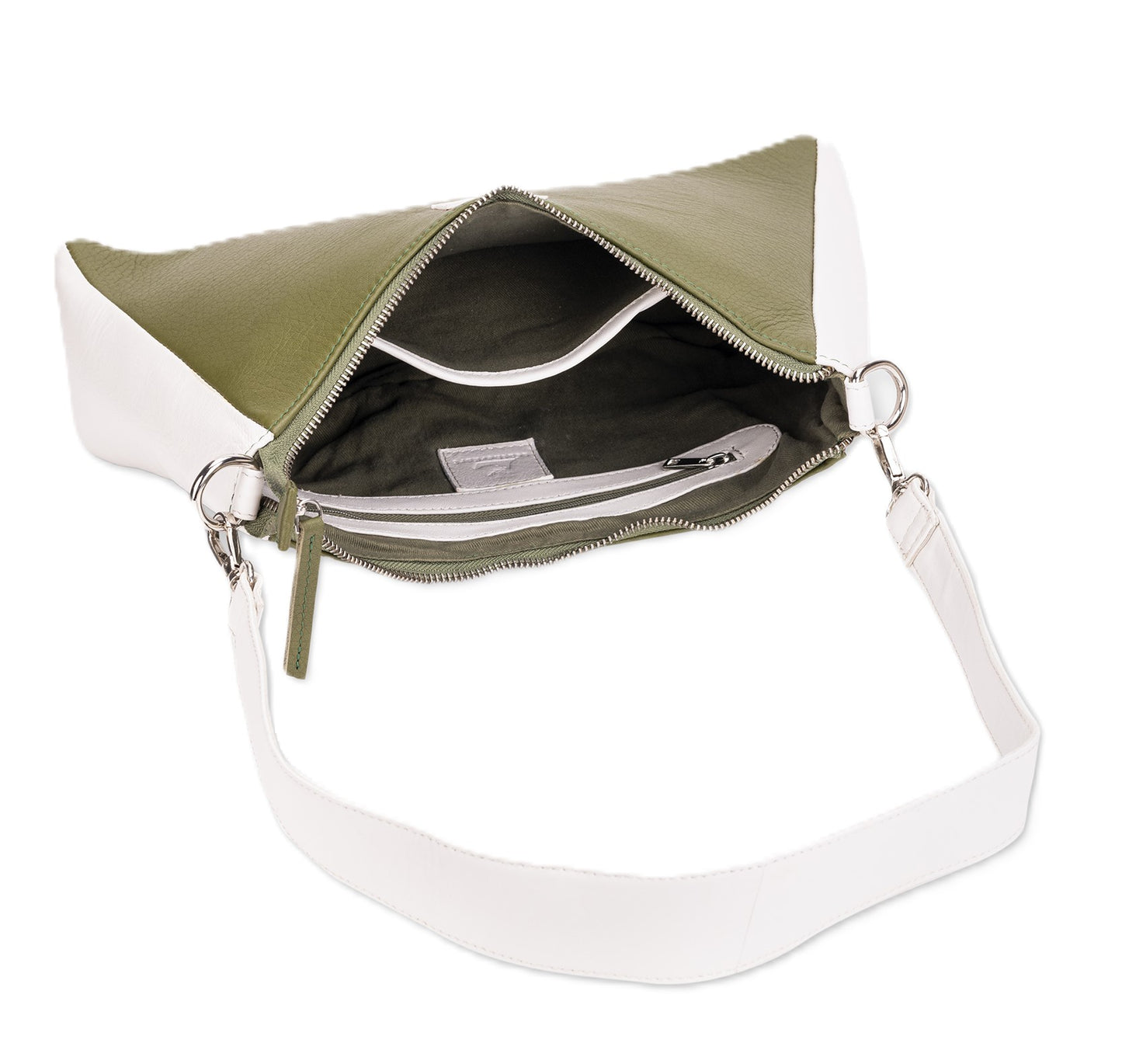 Leatherkart Maria Genuine Leather Broad Strap Hobo Bag/ Cross Body Bag - Olive and White