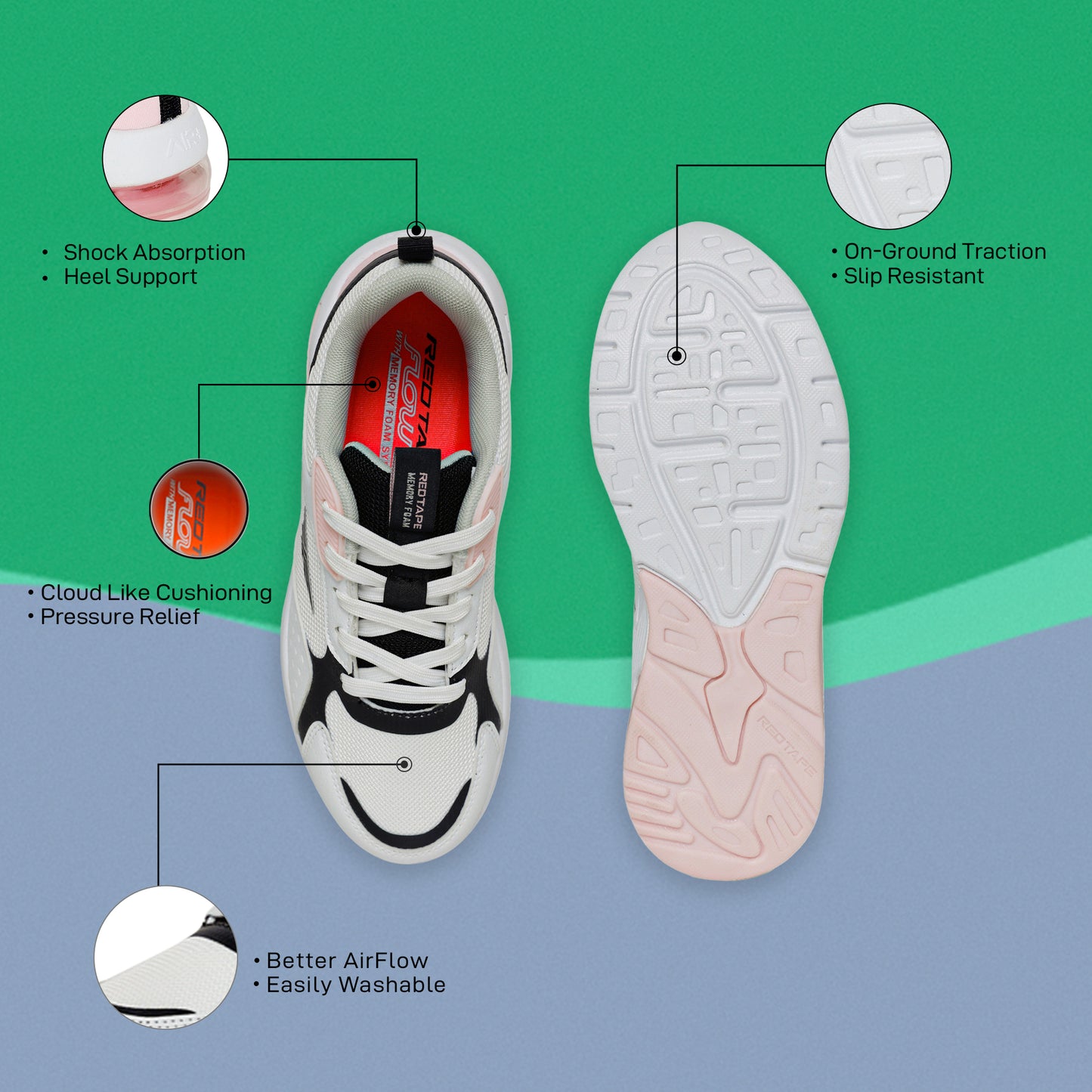 Red Tape Womens Sports Walking Shoes - White/Black