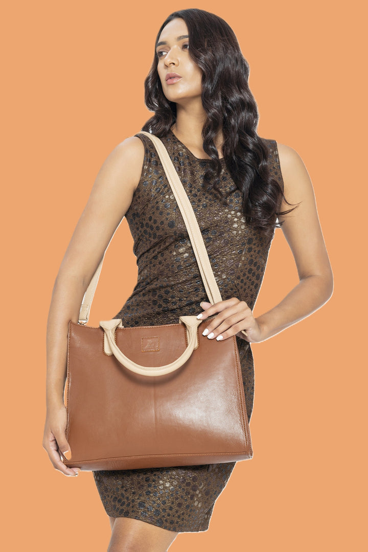 Leatherkart Timeless Genuine Leather Tote Bag - Beige and Brown