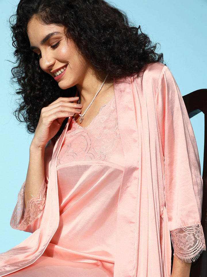 Women Solid Pink Coloured Satin Stylish Robe Nightwear